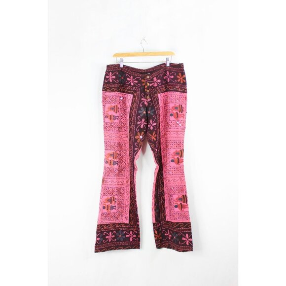 Vintage Made in India Pink Embellished Embroidered Cotton Bootcut Pants, Size L - Picture 1 of 16